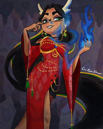 A fully coloured portrait illustration of Fulynn Designs in her dragon form and Chinese New Year outfit.