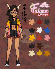 A base coloured portrait full body illustration of Fulynn Designs with Sakura and maple leaf stamps that are coloured with all the colours used to colour Fulynn Designs.