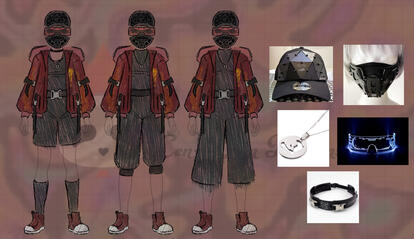 A landscape sketch illustration of a male outfit design under the cyberpunk or teach wear theme with 3 different ideas and accompanying images of accessories found online.